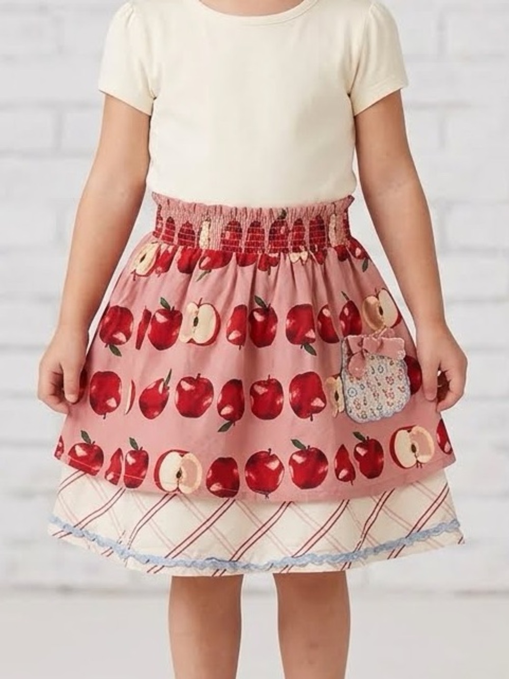 Matilda Jane Heart to Heart Pink Apple Print Tiered Elastic Waist Skirt Size 14